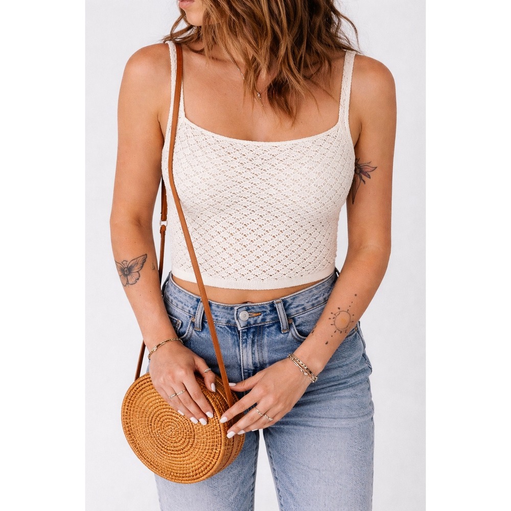 Lucy Paris Cream Crochet Knit Tank Top Square‎ Neck Crop Small NEW
